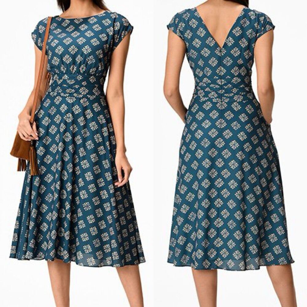 eShakti Blue Patterned Midi Dress